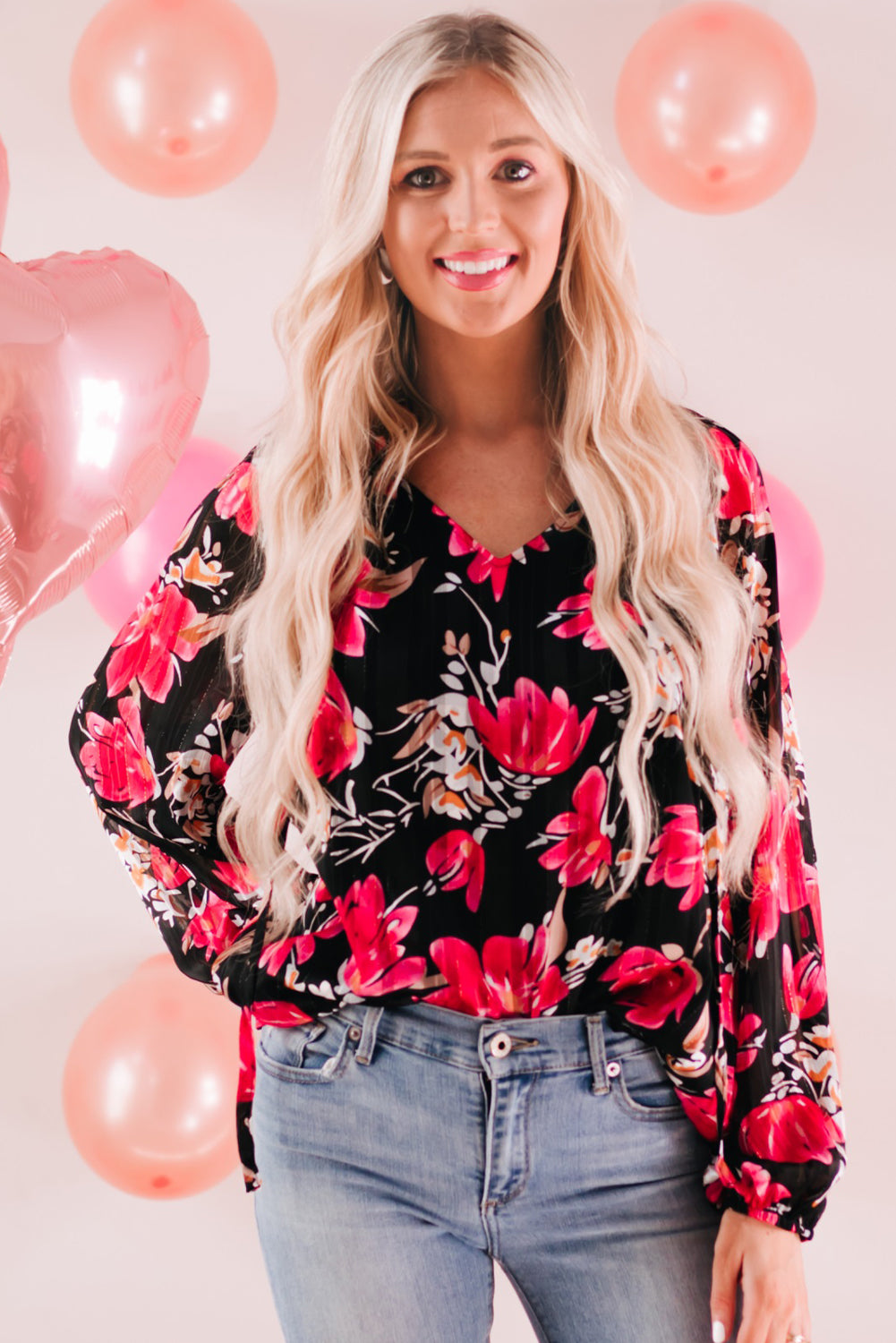 Floral V-Neck Balloon Sleeve Blouse Black M