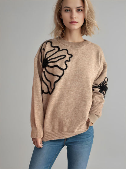 Flower Round Neck Long Sleeve Sweater Tan One Size