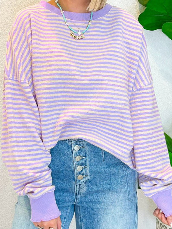 Striped Round Neck Long Sleeve Sweatshirt Lavender