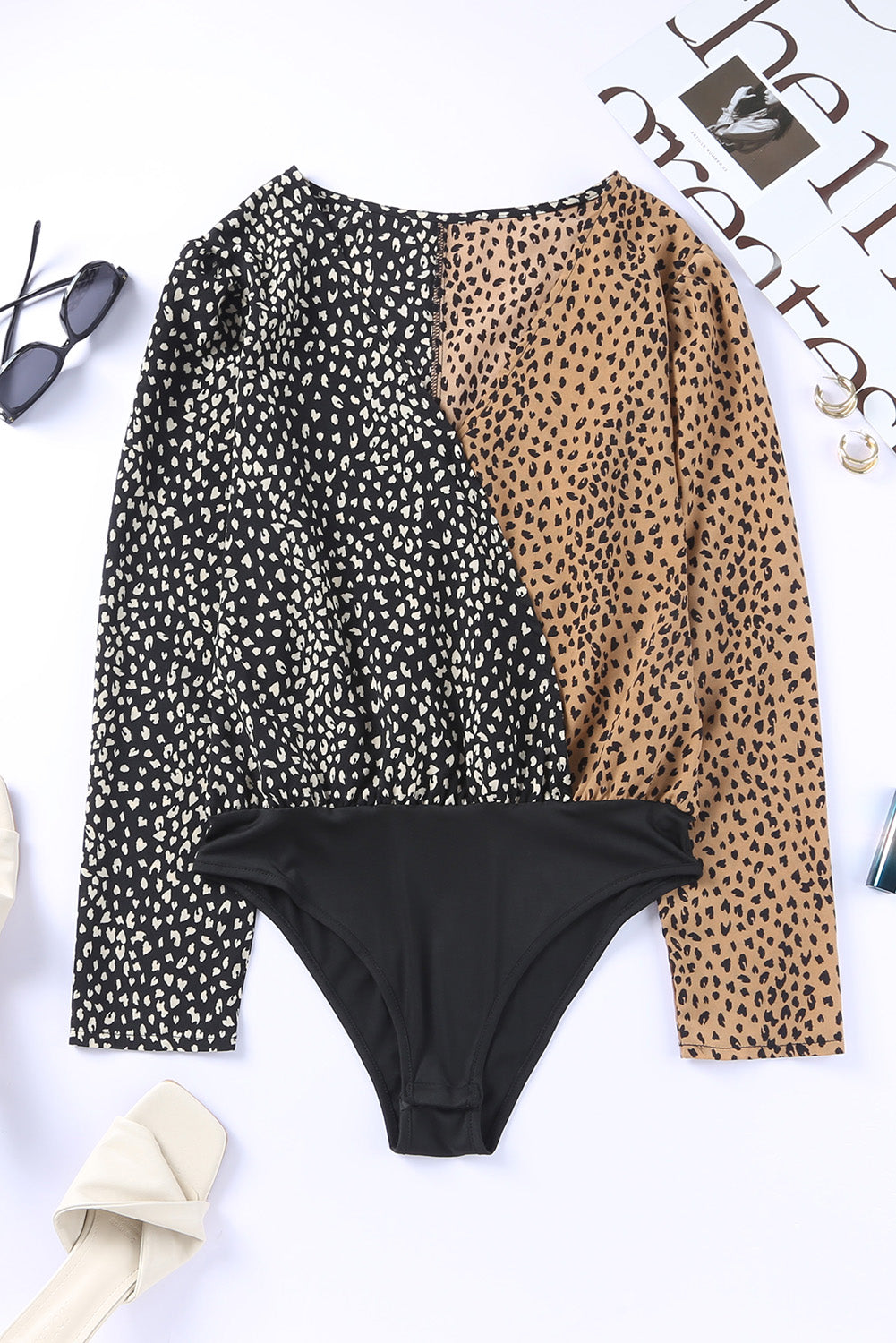 Leopard Surplice Neck Long Sleeve Bodysuit - Thandynie