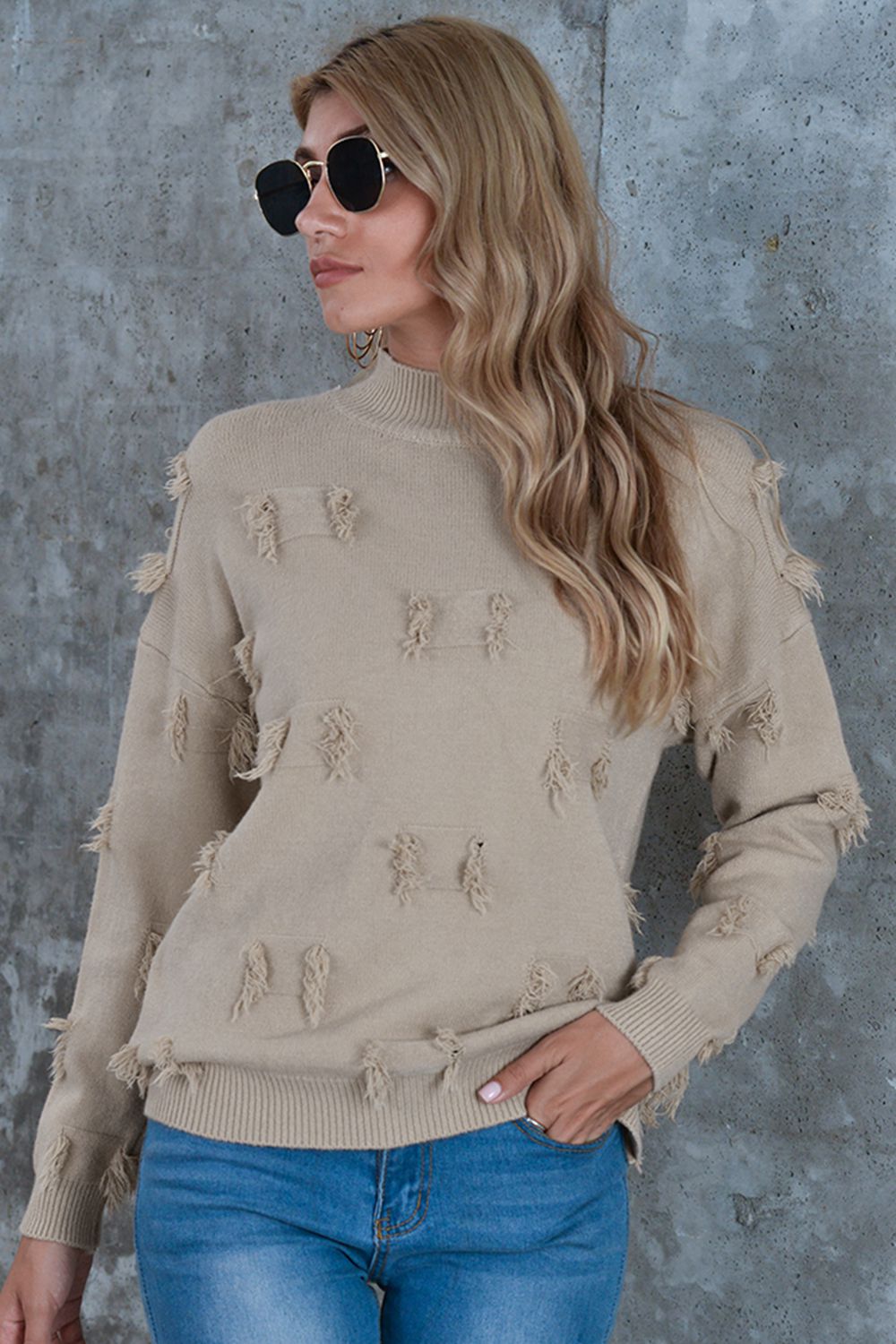 Mock Neck Frayed Trim Sweater