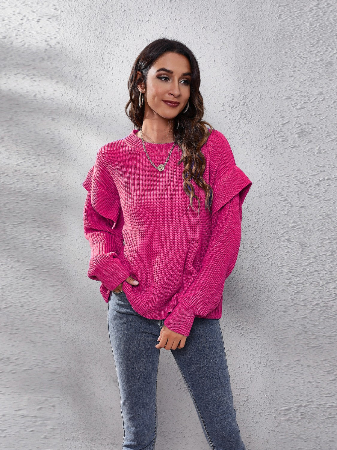 Ruffled Round Neck Dropped Shoulder Sweater Cerise