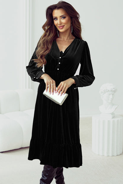 Black Velvet Buttoned Puff Sleeve V-Neck Split Midi Dress - Elegant & Sophisticated Women's Fashion