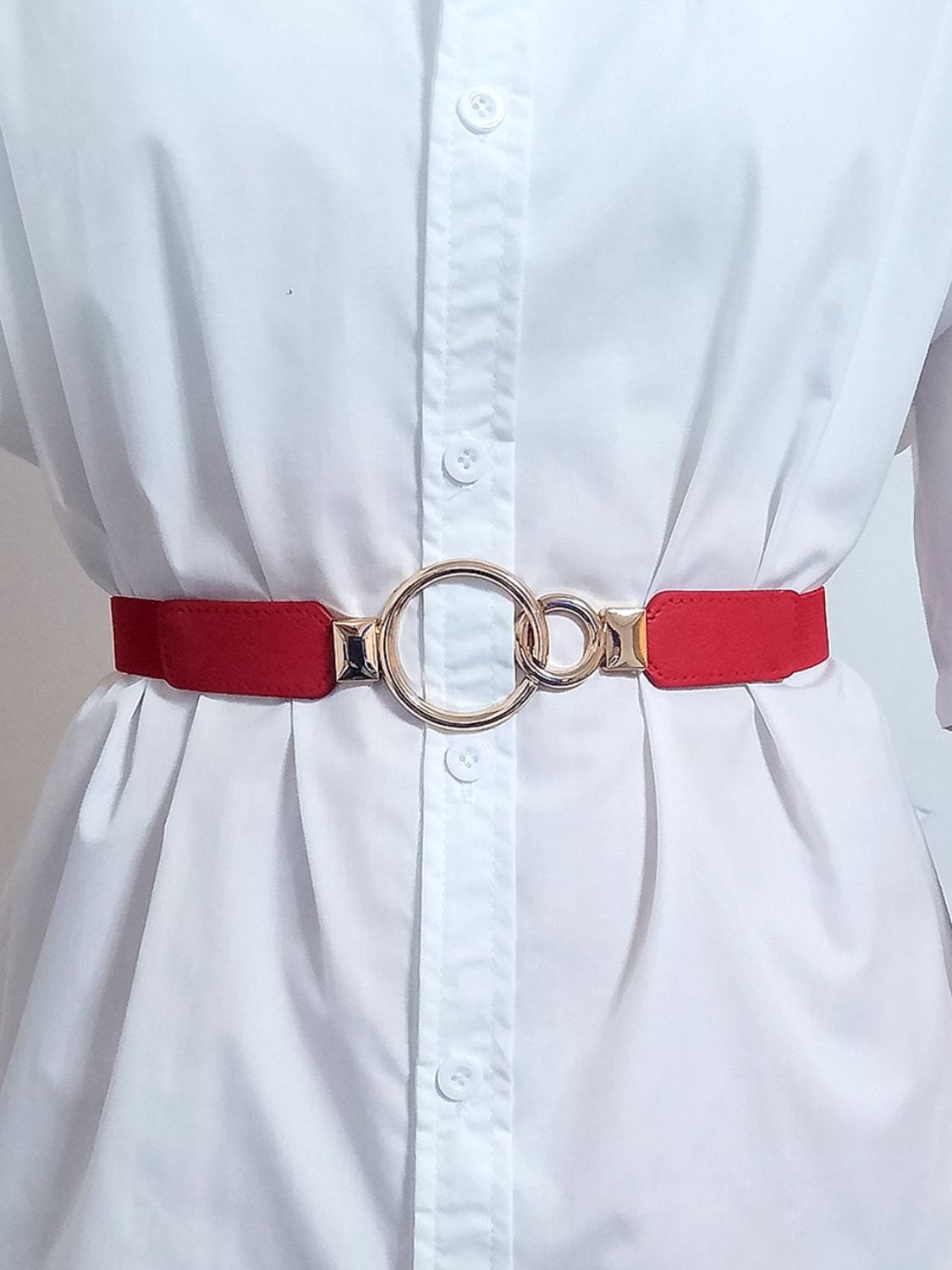 Double Ring Buckle Elastic PU Belt Red One Size