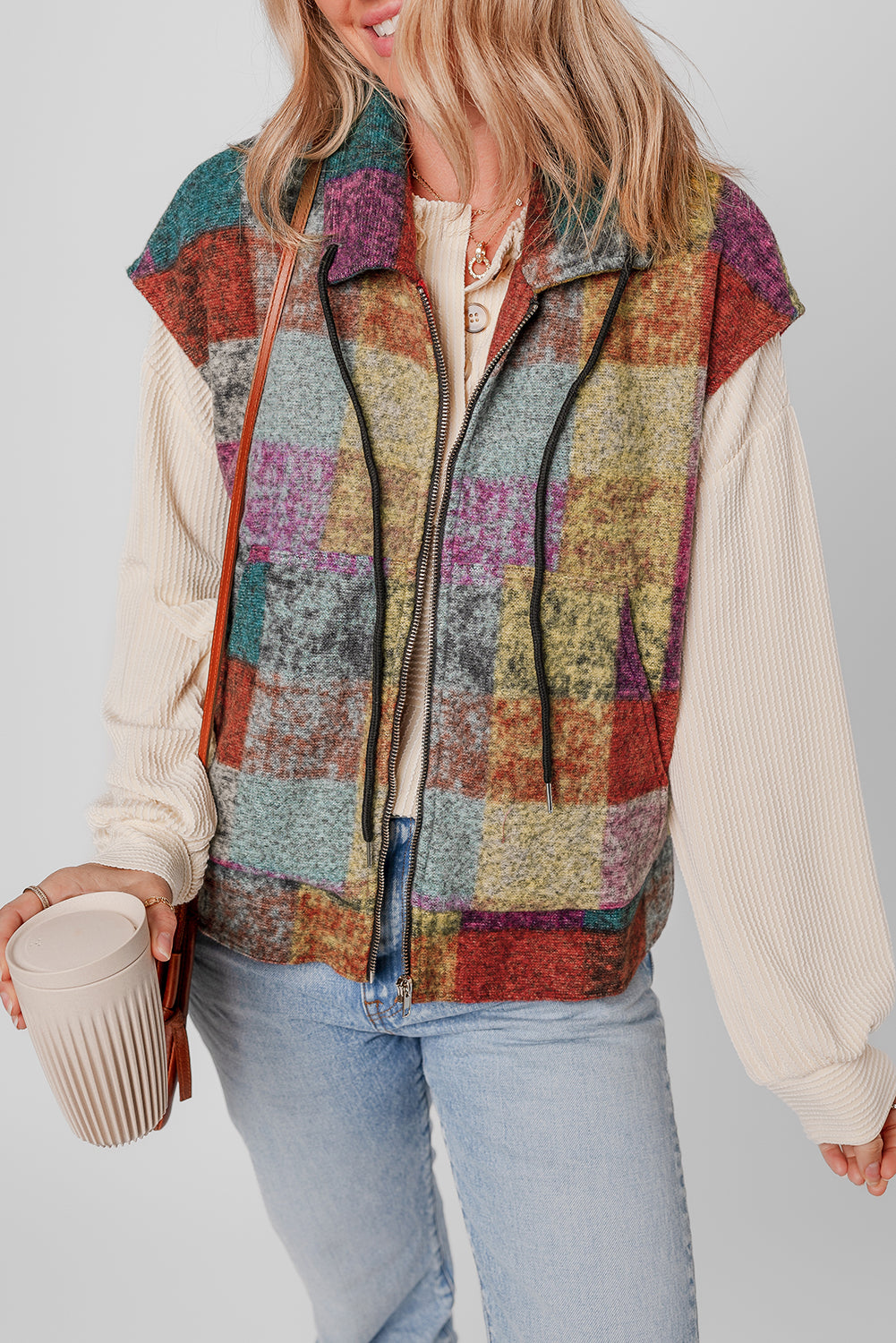 Multicolor Plaid Print Side Pockets Zipped Loose Vest Multicolor 100%Polyester