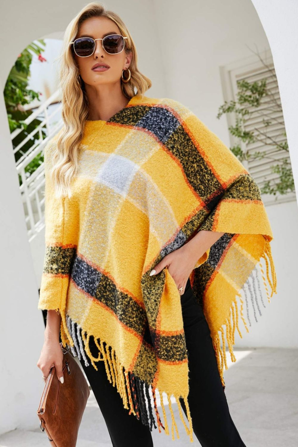 Plaid Fringe Detail Poncho - Thandynie