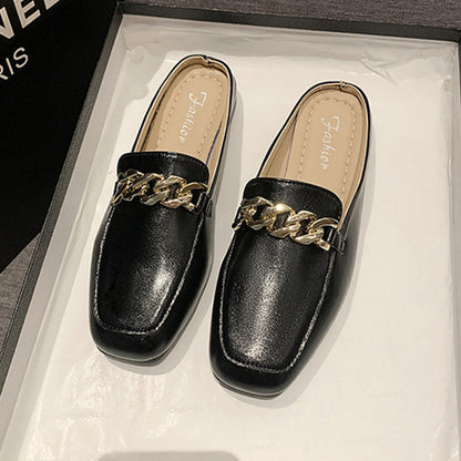 PU Leather Square Toe Flat Loafers Black