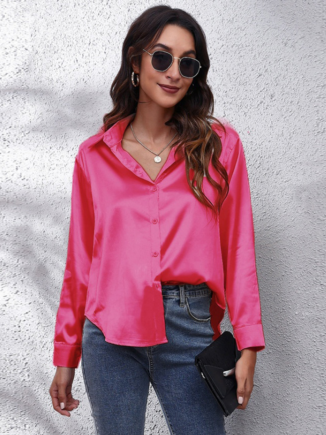 Collared Neck Buttoned Long Sleeve Shirt Hot Pink