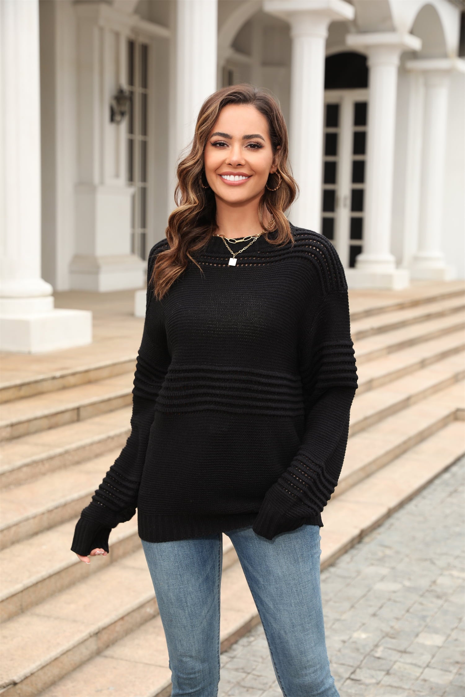 Round Neck Openwork Long Sleeve Pullover Sweater Black