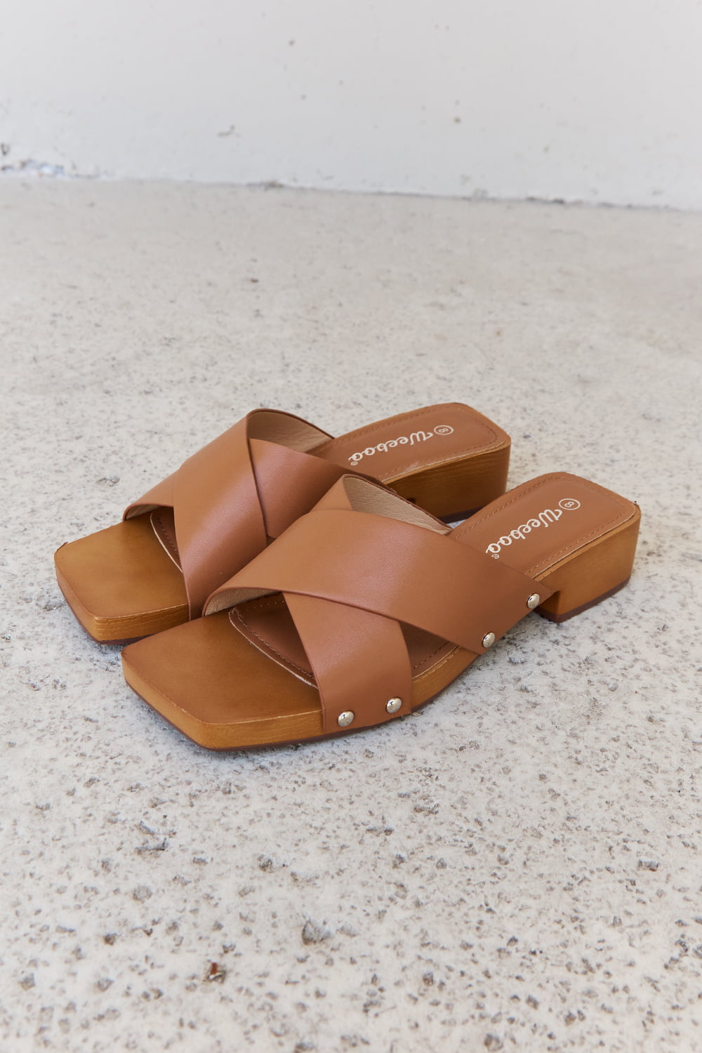Weeboo Step Into Summer Criss Cross Wooden Clog Mule in Brown - Thandynie
