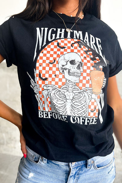 Black Nightmare Before Coffee Skull Checkerboard Graphic Halloween Tee Black 62%Polyester+32%Cotton+6%Elastane