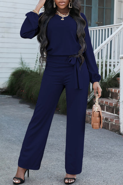 Boat Neck Tie Belt Jumpsuit Dark Navy