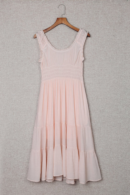 Apricot Smocked Ruched Sleeveless High Waist Midi Dress