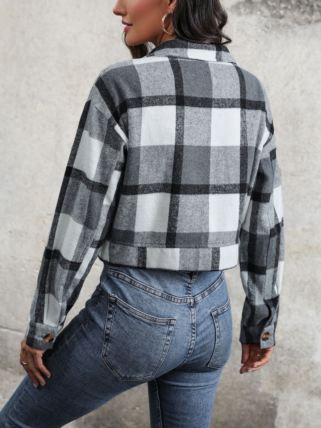 Plaid Button Up Drop Shoulder Cropped Jacket - Thandynie