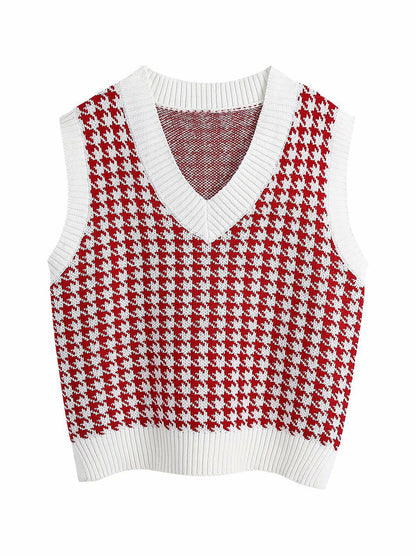 Houndstooth V-Neck Sweater Vest Deep Red