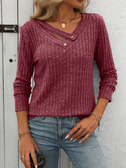 Ribbed V-Neck Long Sleeve T-Shirt Burgundy