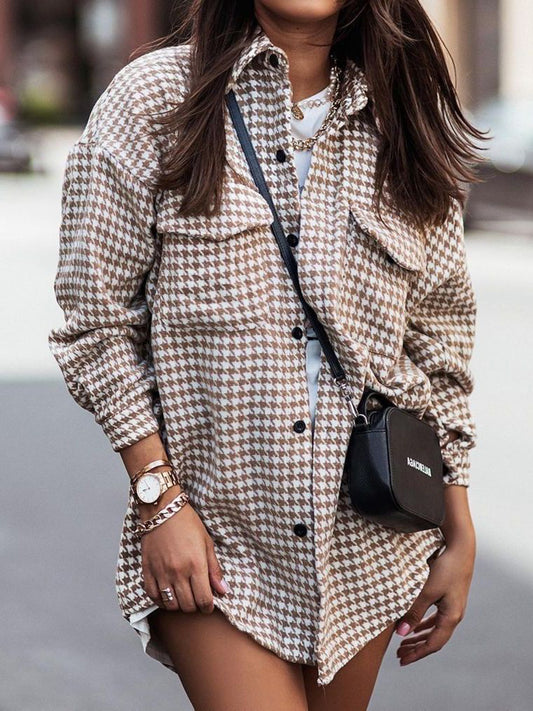 Houndstooth Button Up Dropped Shoulder Jacket - Thandynie