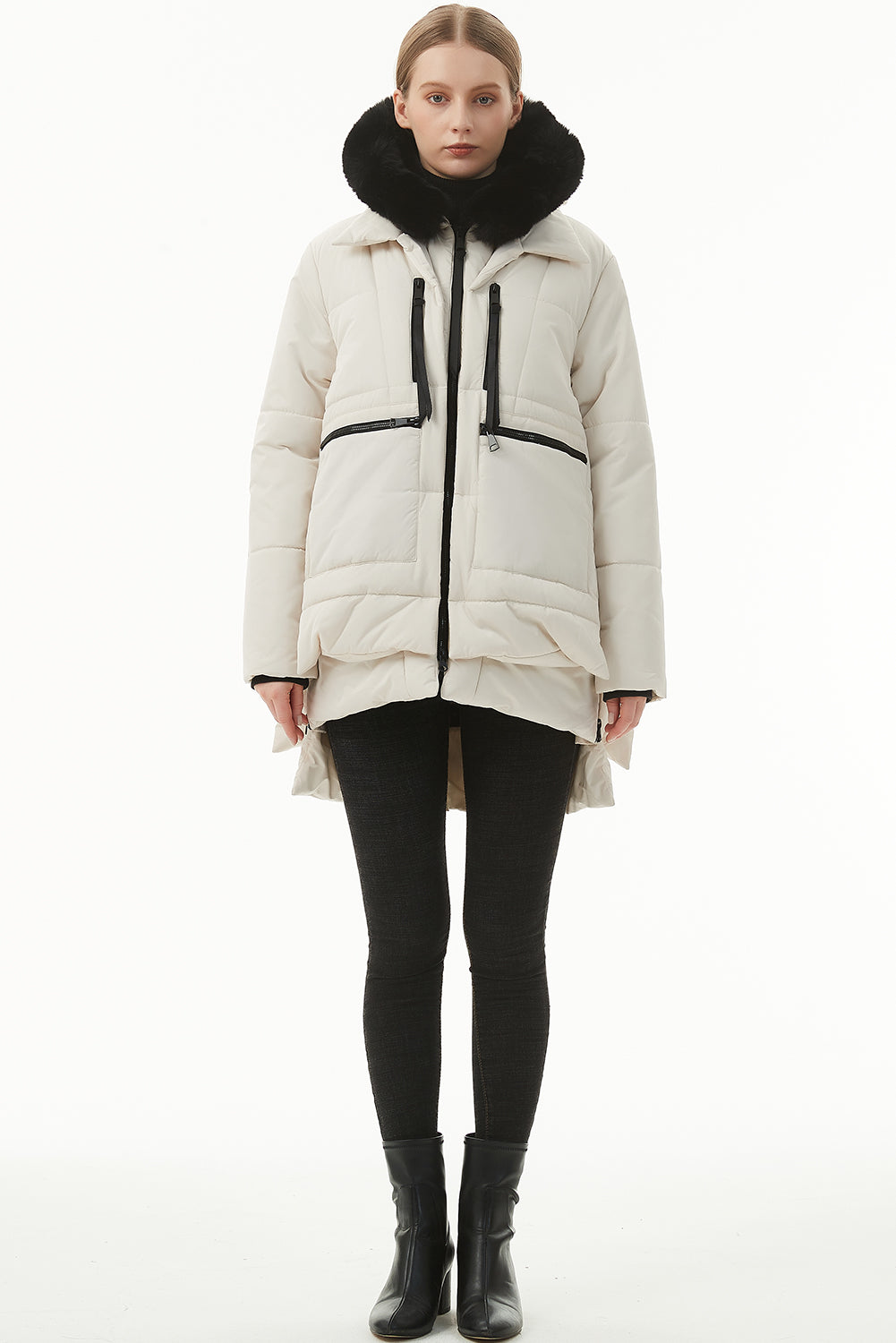 Beige Plush Linen Zip Up Hooded Puffer Coat