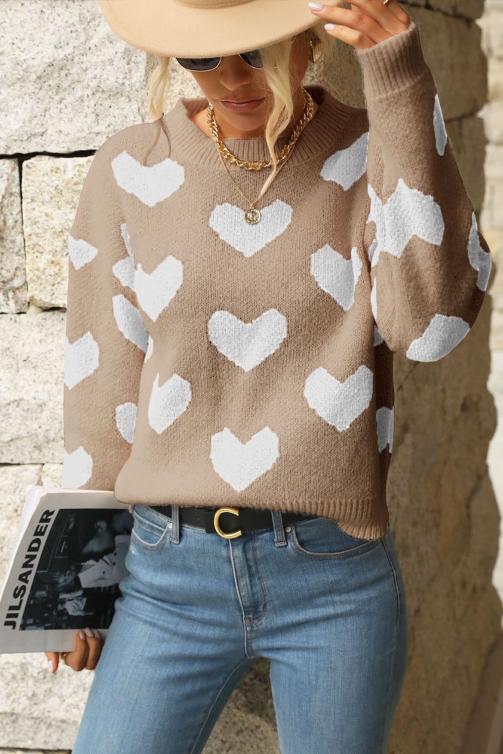 Heart Pattern Dropped Shoulder Sweater Tan