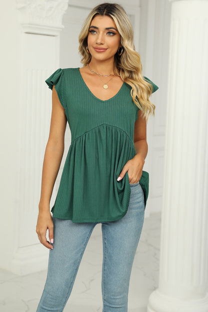 V-Neck Flutter Sleeve Babydoll Blouse Mid Green