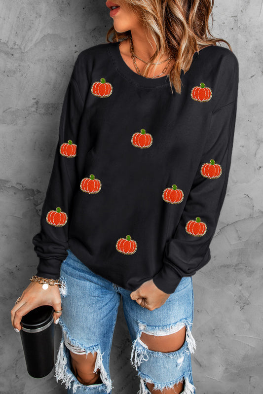 Pumpkin Round Neck Long Sleeve Sweatshirt Black