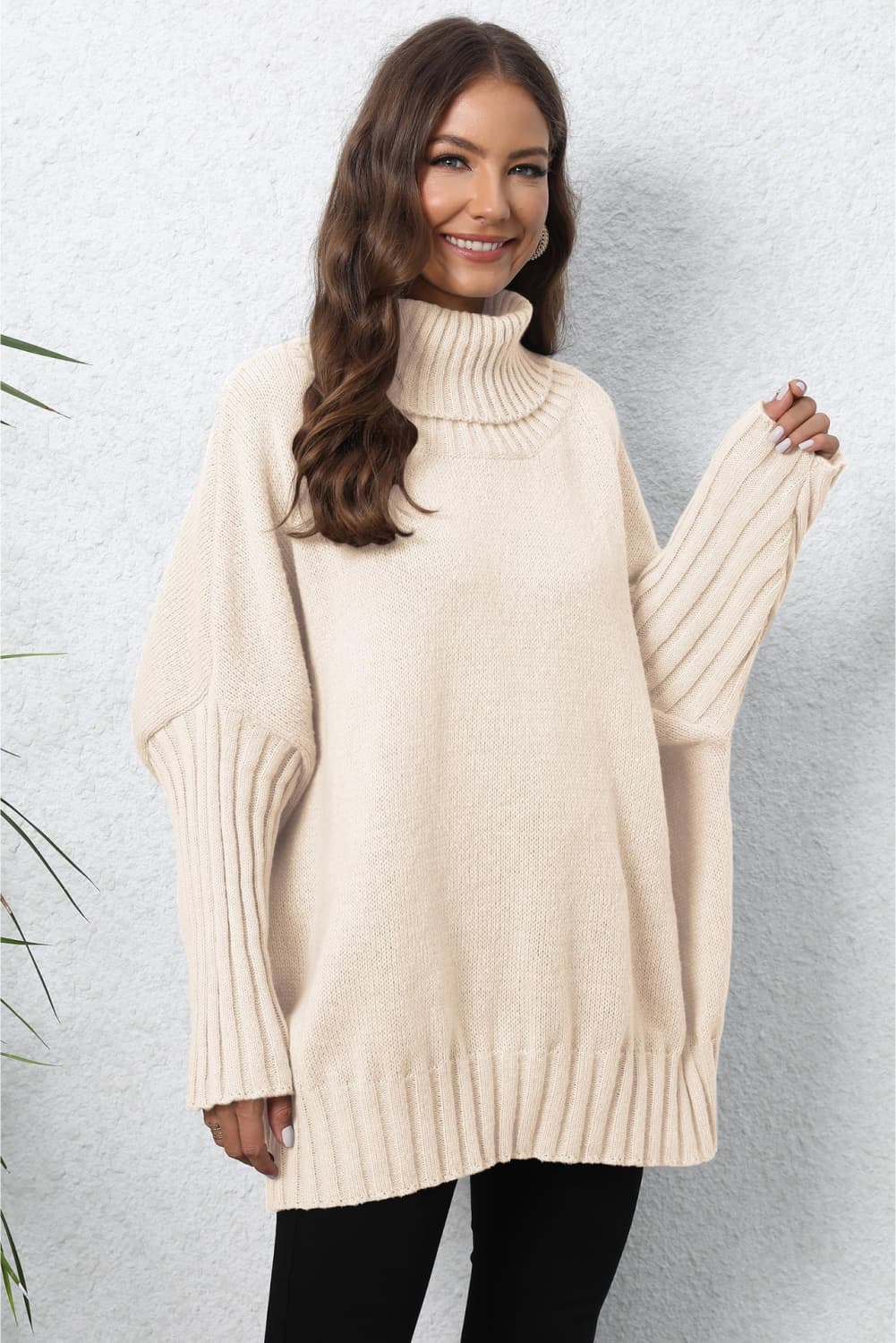 Turtle Neck Long Sleeve Ribbed Sweater Beige One Size