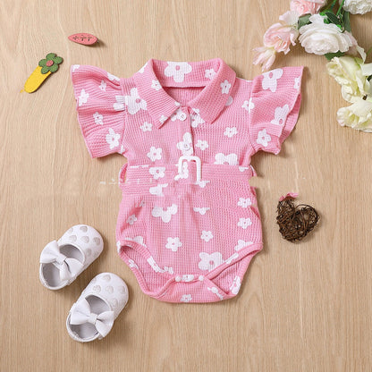 Girls' Multicolor Cotton Printed Flounced Sleeve Jumpsuit Pink