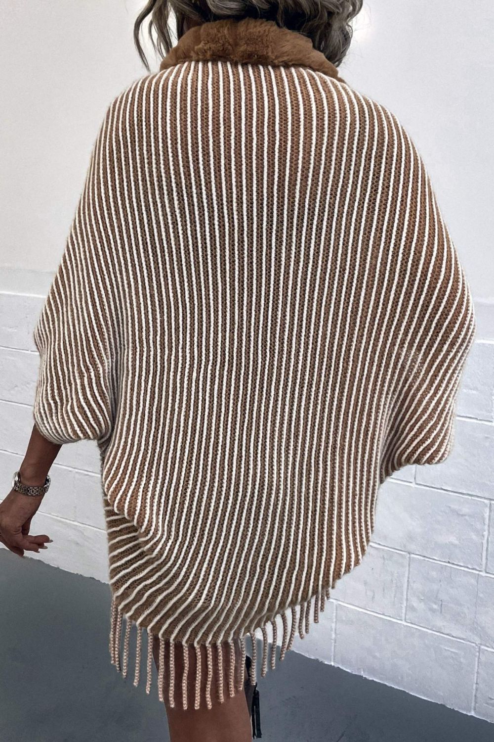 Striped Open Front Fringe Poncho - Thandynie