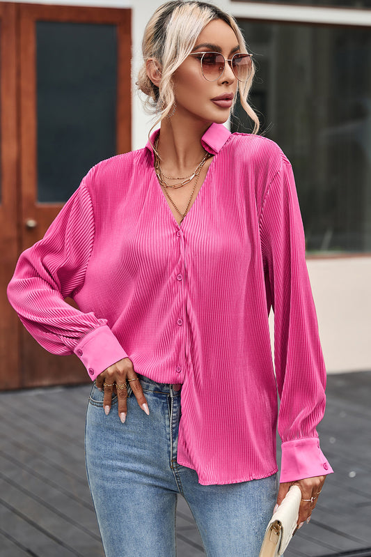 Pleated Button Up Long Sleeve Shirt Fuchsia Pink