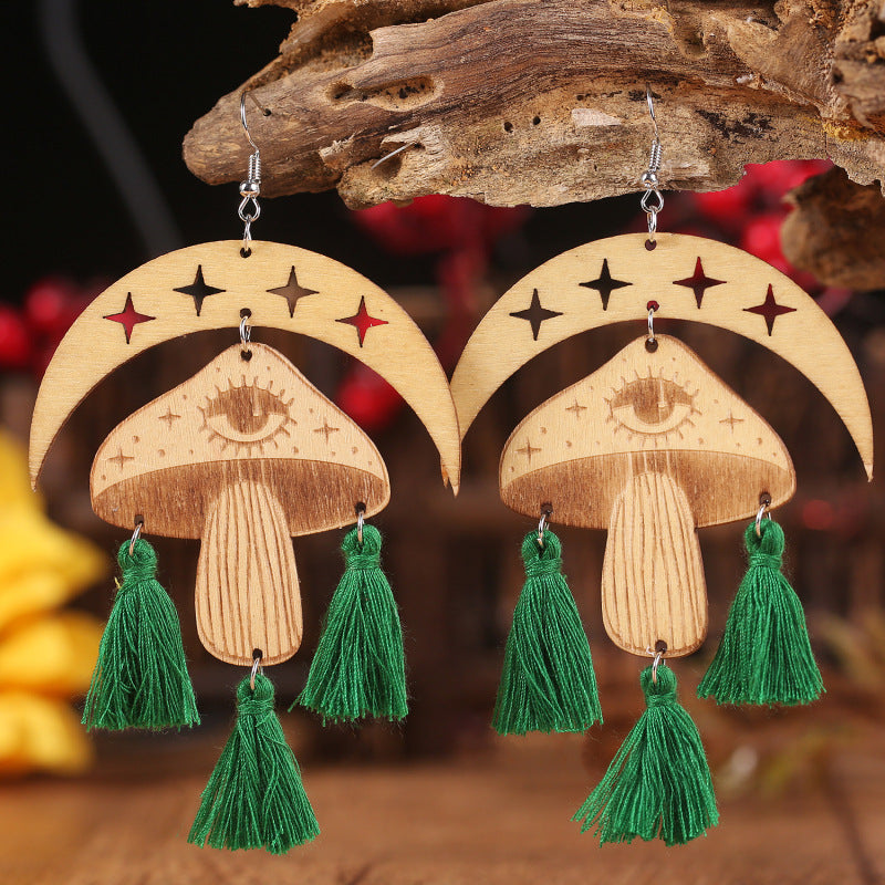 Moon & Mushroom Tassel Detail Dangle Earrings Green One Size