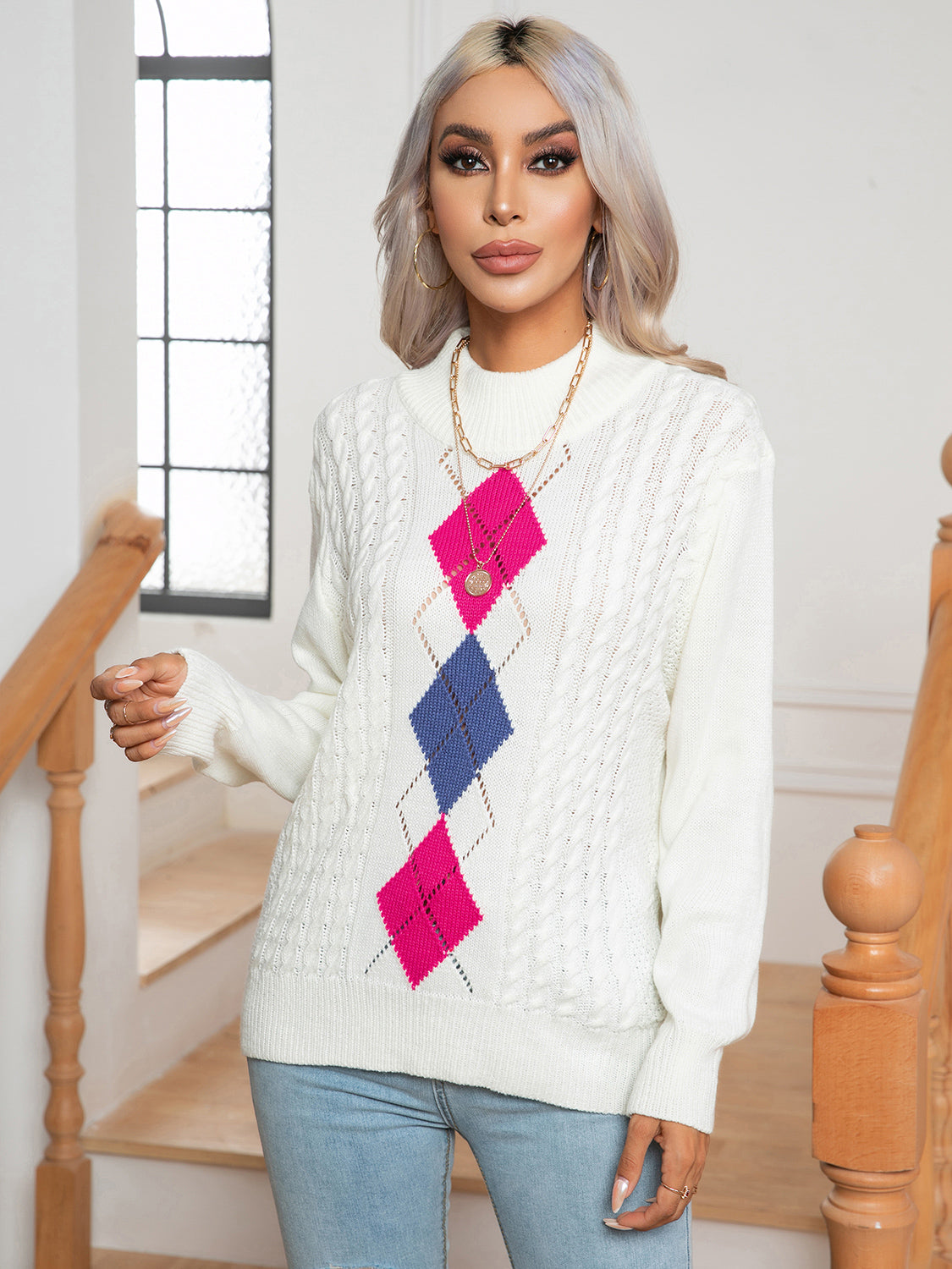 Openwork Geometric Mock Neck Sweater