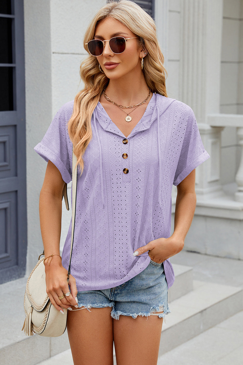 Eyelet Drawstring Hooded Short Sleeve Blouse Lavender