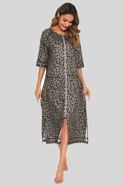 Printed Slit Night Dress with Pockets Leopard