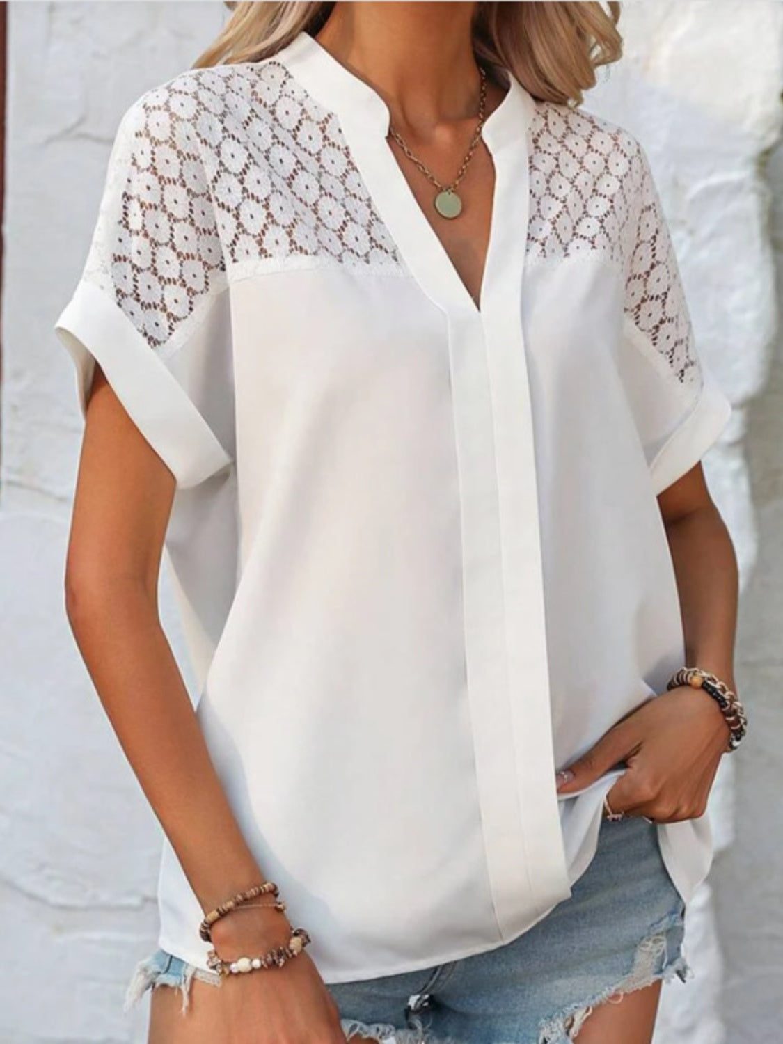 Openwork Notched Short Sleeve Blouse White