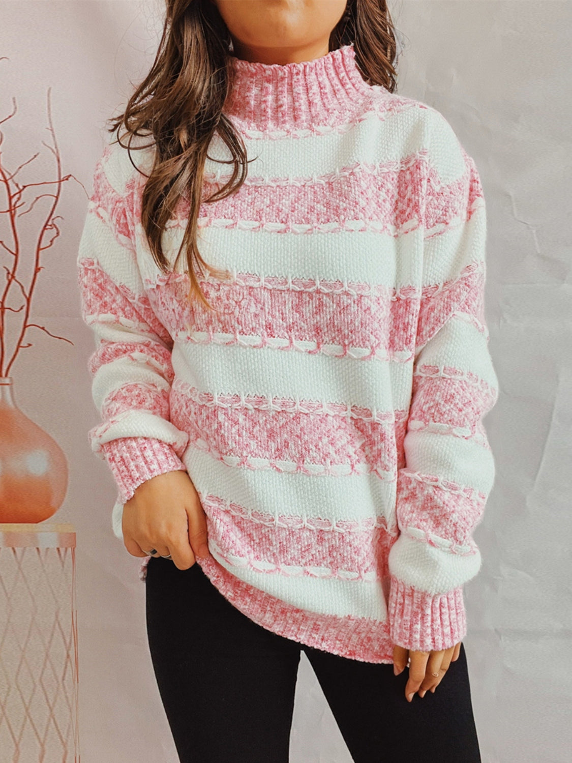 Striped Turtleneck Long Sleeve Sweater – Warm, Stylish Knit for Fall & Winter Blush Pink