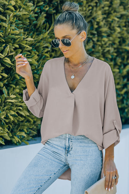 V-Neck Roll-Tab Sleeve Blouse Dust Storm