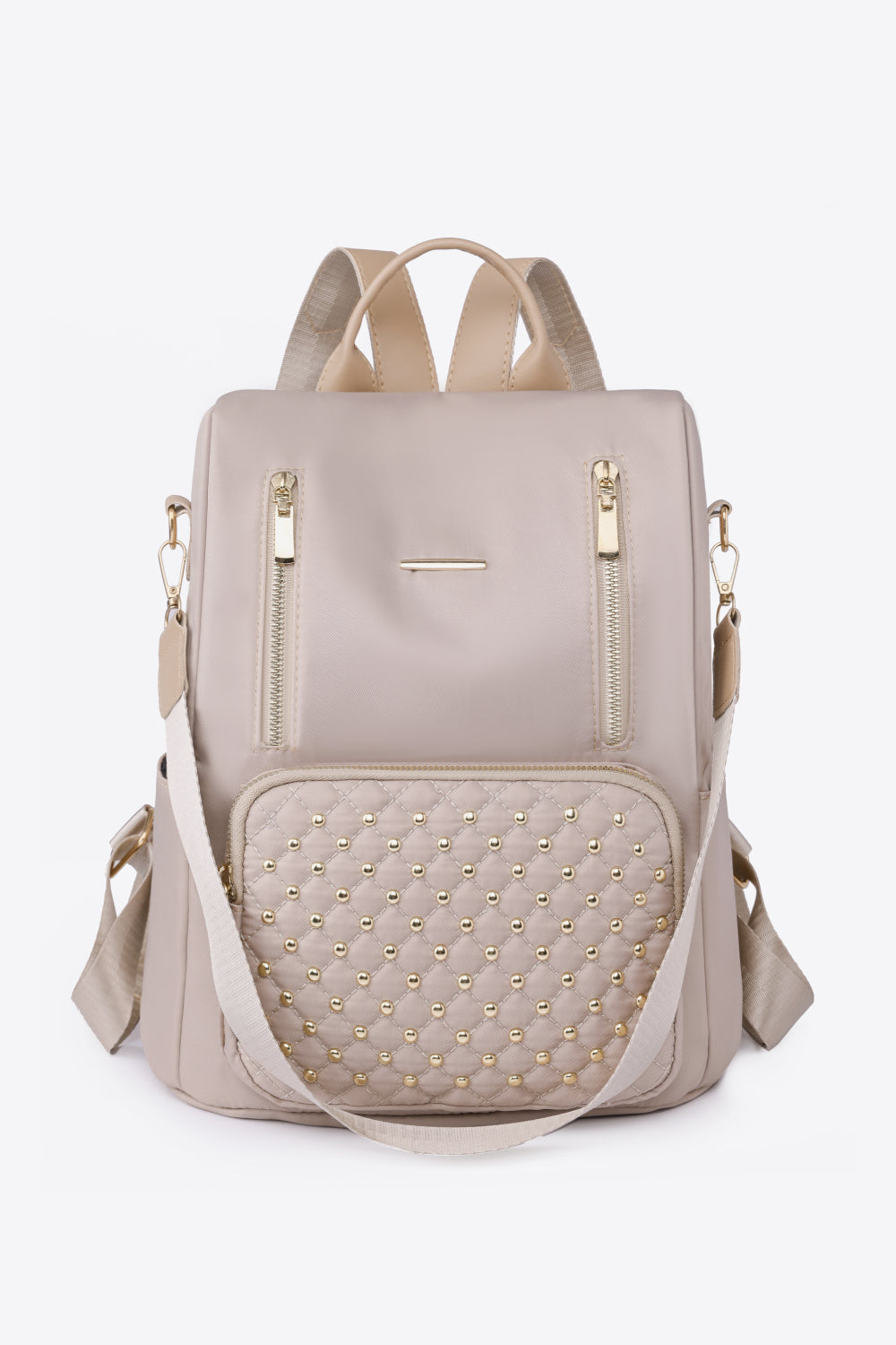 Zipper Pocket Beaded Backpack Beige One Size