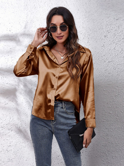 Button Up Collared Neck Long Sleeve Shirt Camel