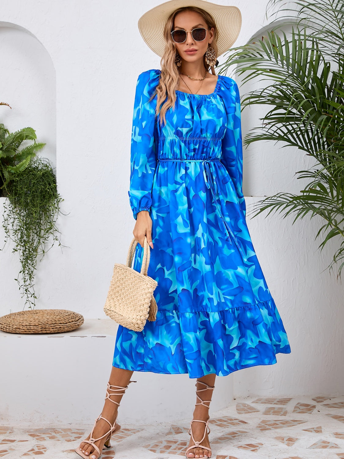 Printed Long Sleeve Midi Dress Blue