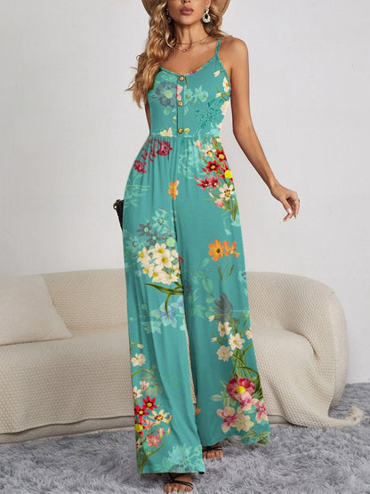 Decorative Button Spaghetti Strap Wide Leg Jumpsuit Turquoise