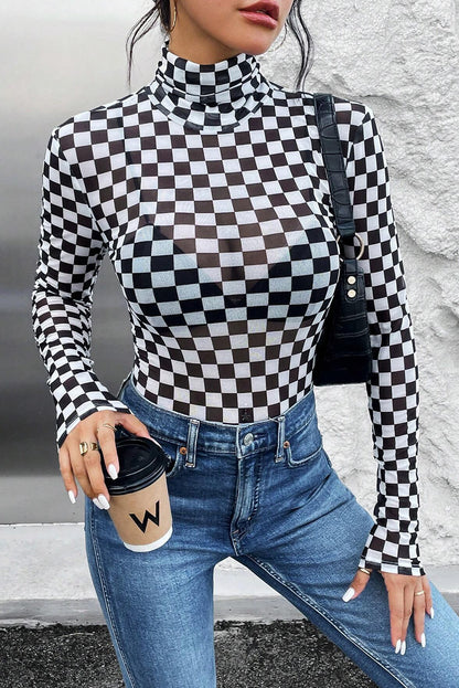 Black Checkered Printed Long Sleeve High Neck Bodysuit Black 95%Polyester+5%Elastane