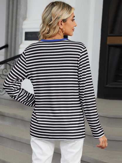 Striped Notched Long Sleeve T-Shirt