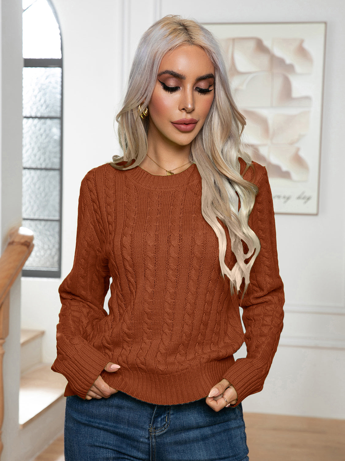 Cable-Knit Round Neck Long Sleeve Sweater Ochre