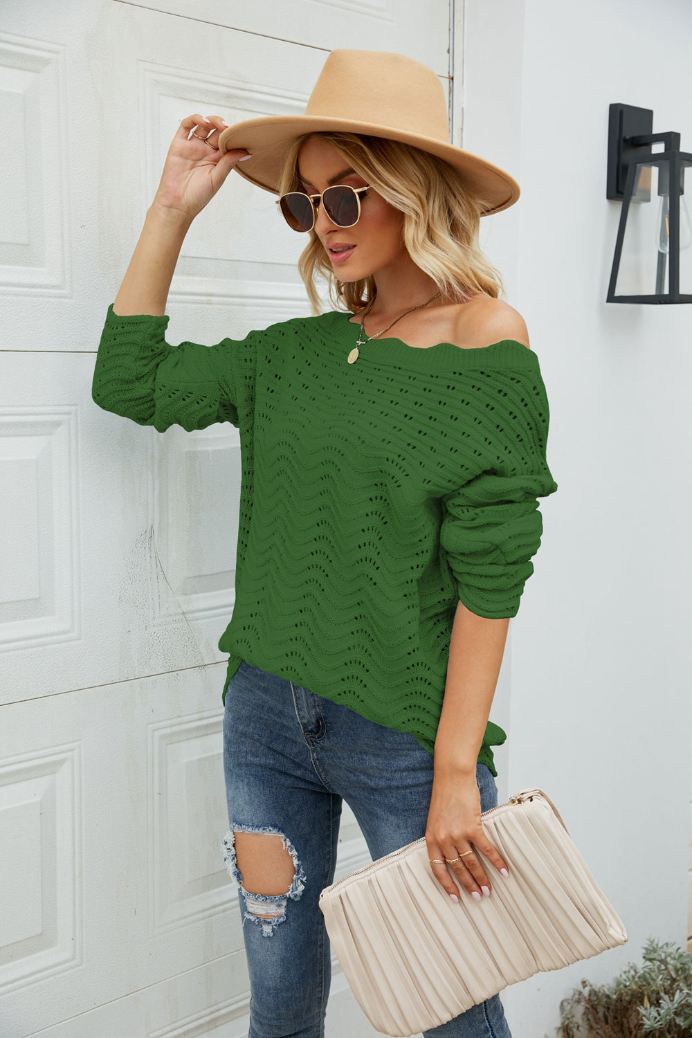 Woven Right Scalloped Boat Neck Openwork Tunic Sweater