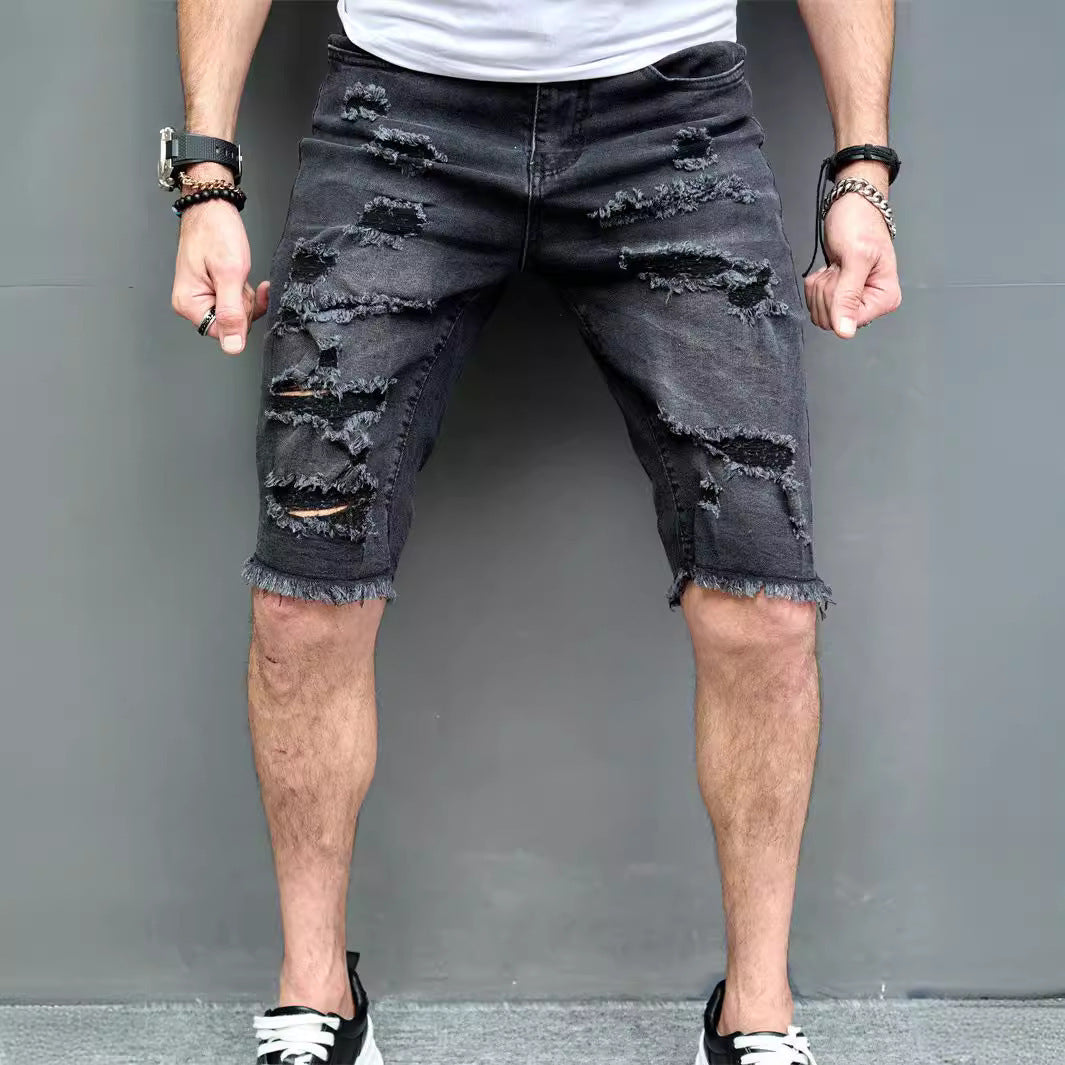 New Men's Five-point Slim Fit Skinny Scrape Denim Shorts Gray