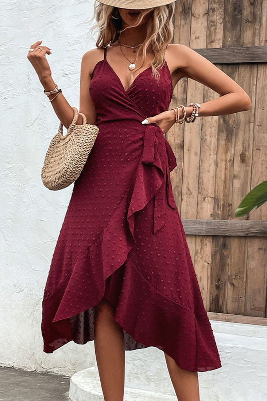 Swiss Dot Spaghetti Strap Ruffled Dress Burgundy