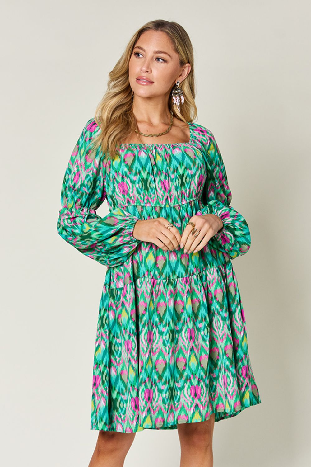 Double Take Full Size Printed Long Sleeve Dress Green