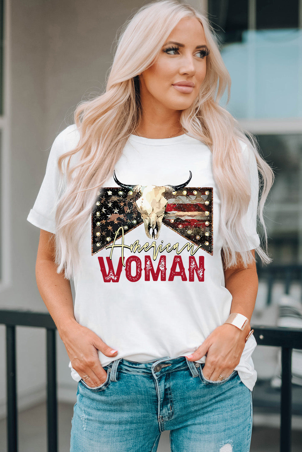 AMERICAN WOMAN Graphic Round Neck Tee White