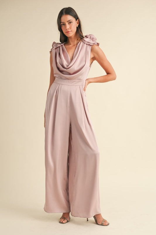 MABLE 3D Floral Applique Deep Cowl Neck Jumpsuit Dusty Mauve