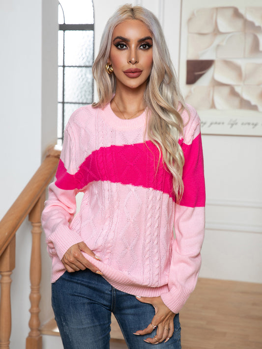 Color Block Cable-Knit Round Neck Sweater Blush Pink